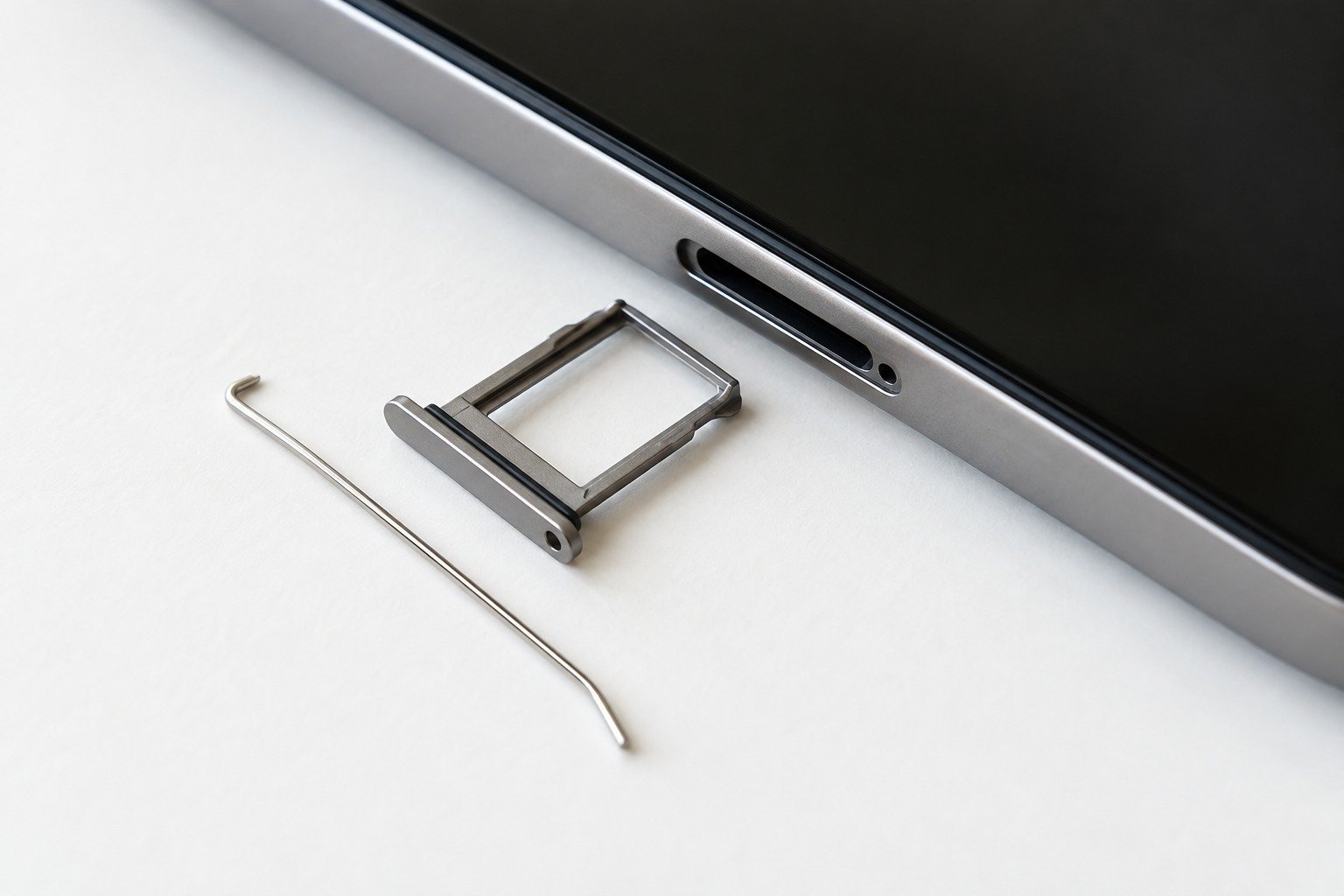 Извлечённый лоток SIM-карты рядом со смартфоном и скрепка