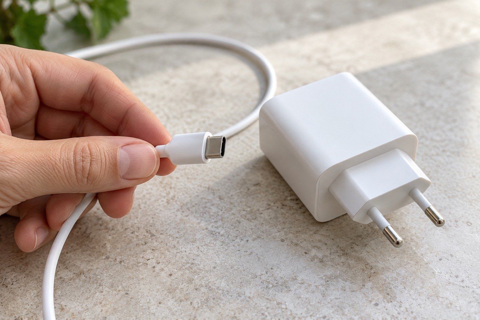 Крупный план: рука держит белый кабель USB-C рядом с компактным зарядным блоком с европейской вилкой