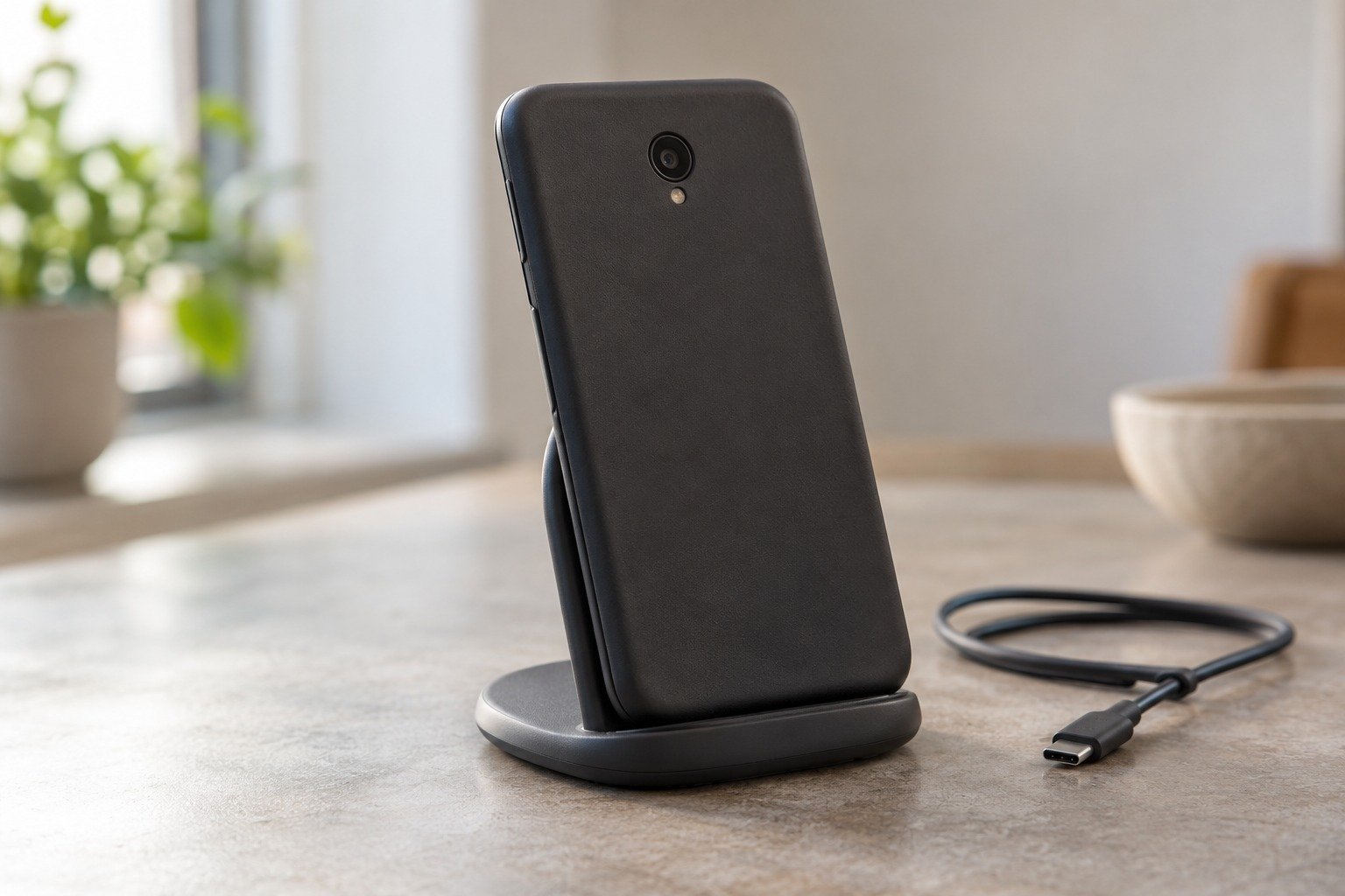 Телефон в чехле на беспроводной зарядной подставке рядом с кабелем USB-C