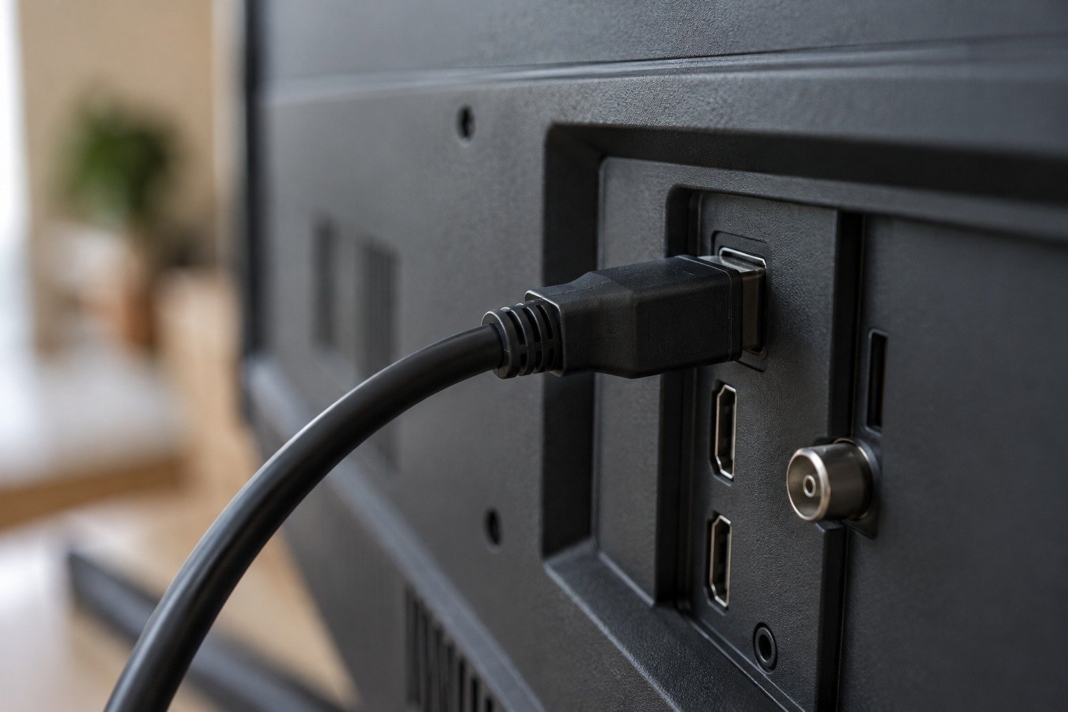 Чёрный кабель HDMI в разъёме на задней панели телевизора