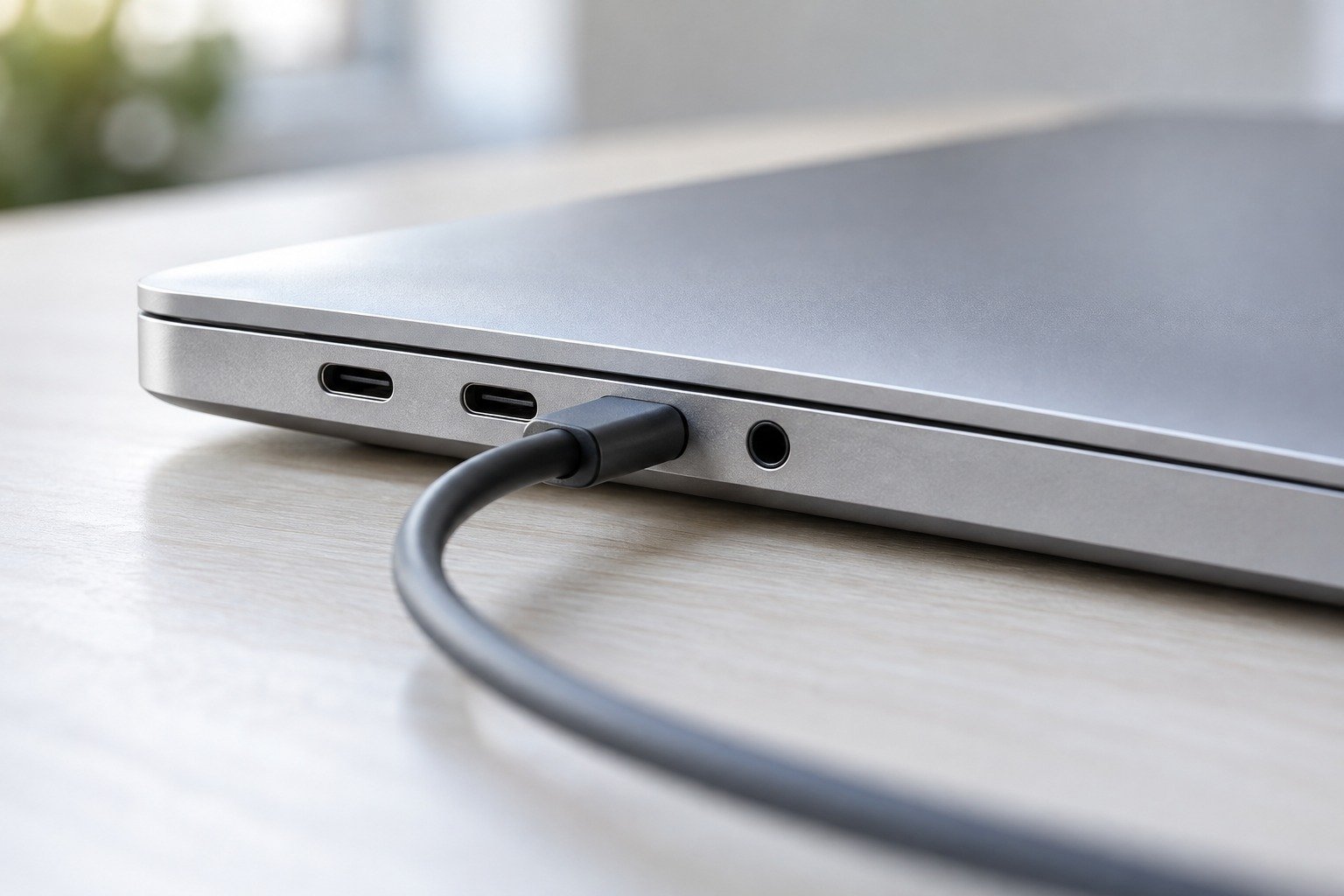 Боковая грань ноутбука: порты USB-C, разъём для наушников и подключённый кабель