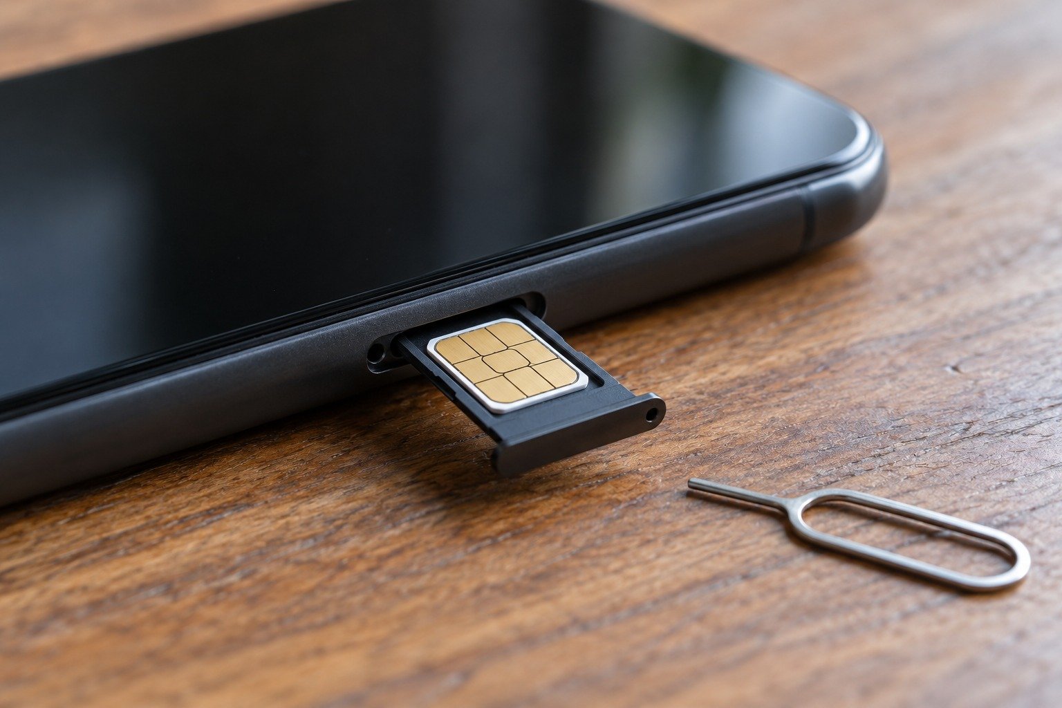 Выдвинутый лоток смартфона с nano-SIM и скрепка для извлечения сим-карты