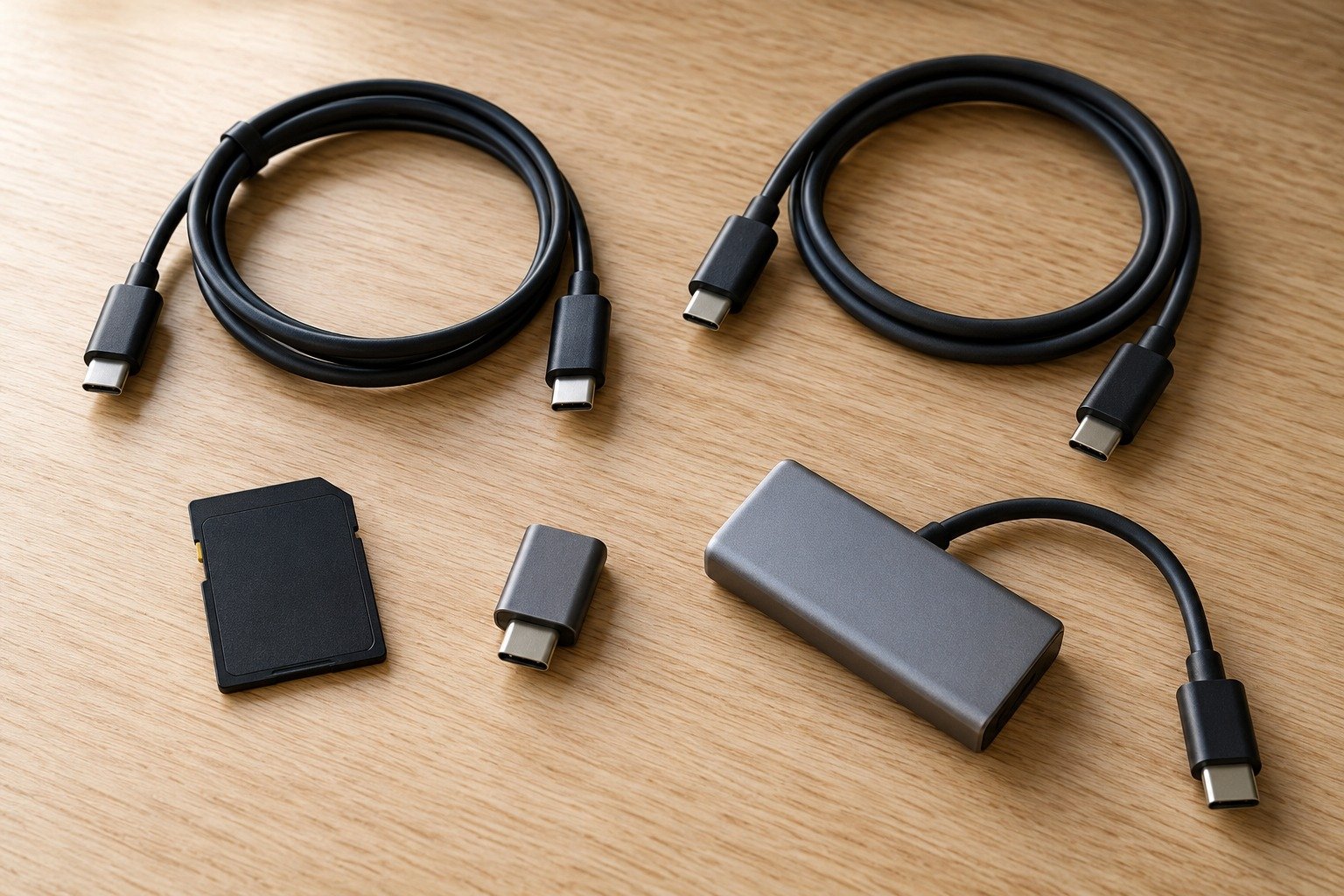На столе аккуратно разложены кабели USB-C, карта памяти SD и переходники