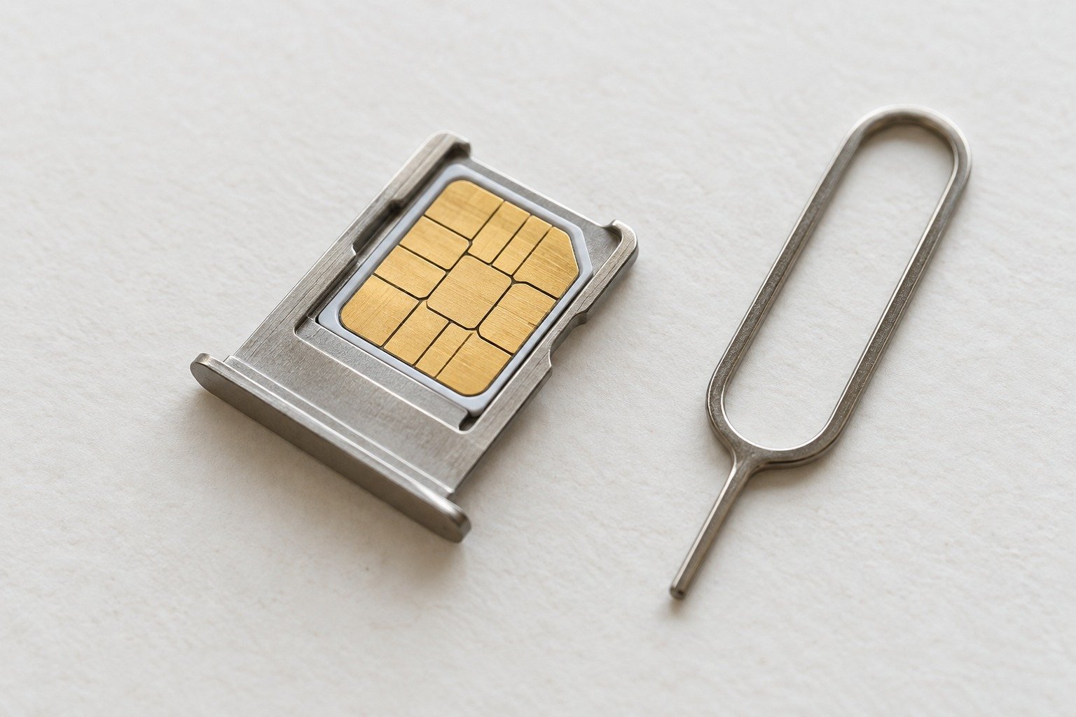 Лоток для SIM-карты с уложенной в него nano-SIM и скрепка-ключ