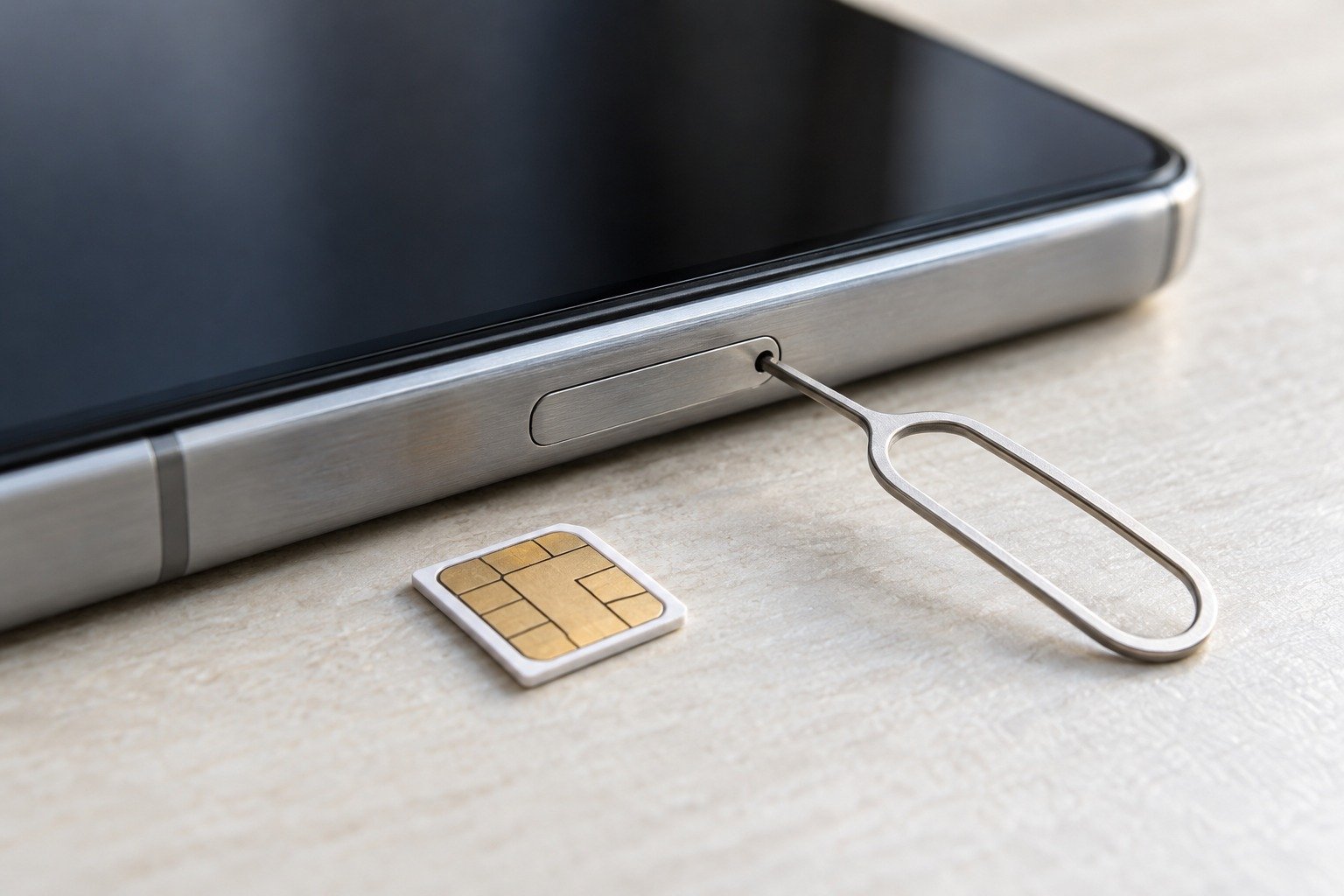 Физическая nano-SIM и скрепка-ключ у торца смартфона, где находится лоток