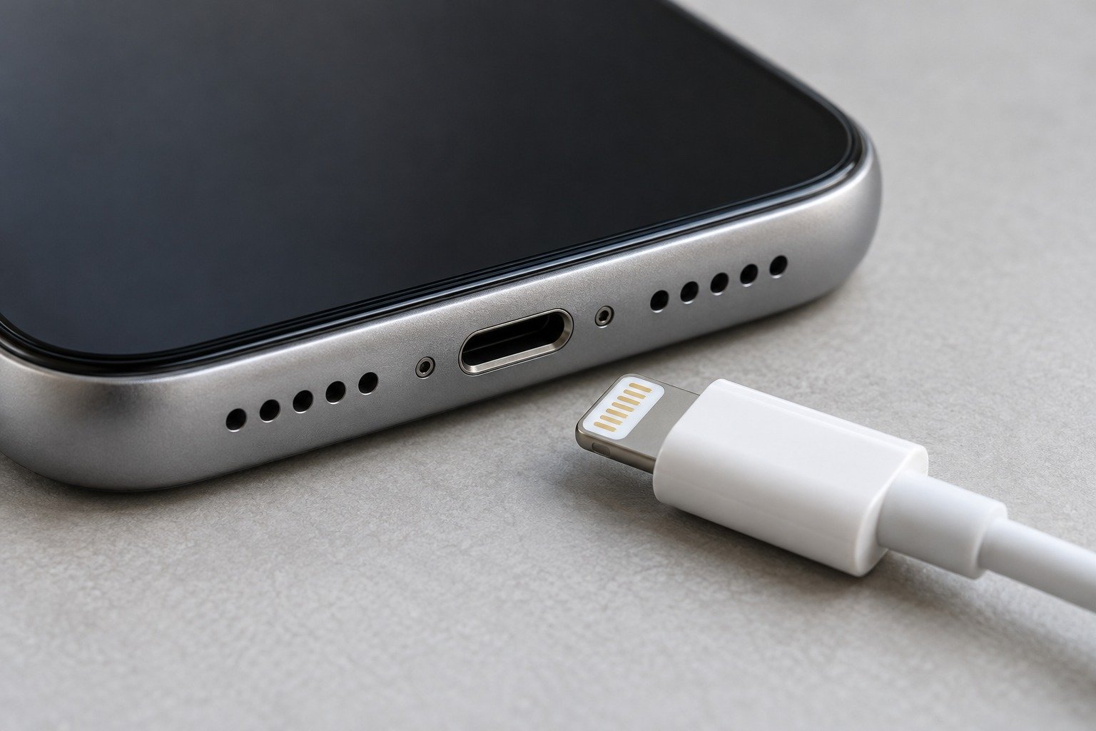 Нижний торец смартфона с разъёмом Lightning и рядом белый кабель с тонким плоским штекером