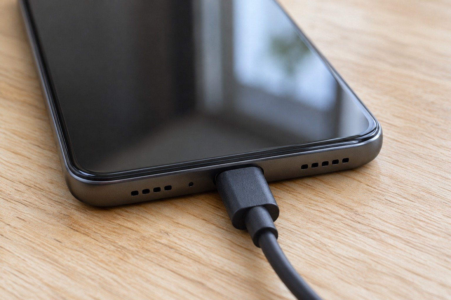 Смартфон на деревянном столе с кабелем USB-C, вставленным в нижний порт